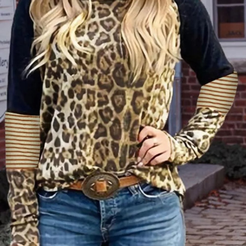 Leopard Striped Splicing Long Sleeve Tee - Picture 3 of 11